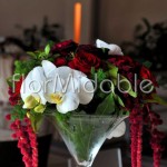 Calici Martini per ricevimento elegante con orchidee bianche e rose rosse